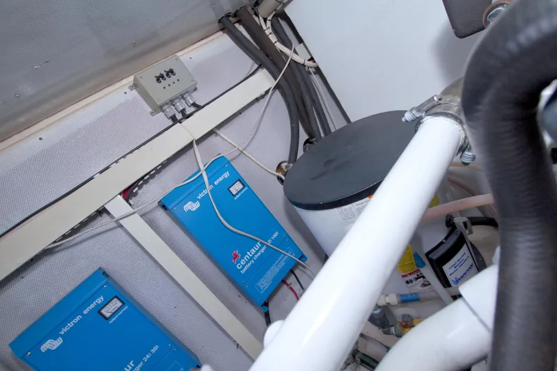 Bliss Yacht Photos Pics Engine room of 2005 Neptunus 62 Flybridge with Victron Energy equipment.