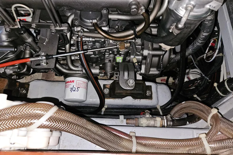 Providence Yacht Photos Pics Engine compartment of a 2013 Passport 470 Center Cockpit sailboat, showing detailed components.