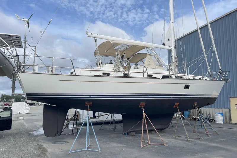Providence Yacht Photos Pics 2013 Passport 470 Center Cockpit sailboat on stands, ready for maintenance.