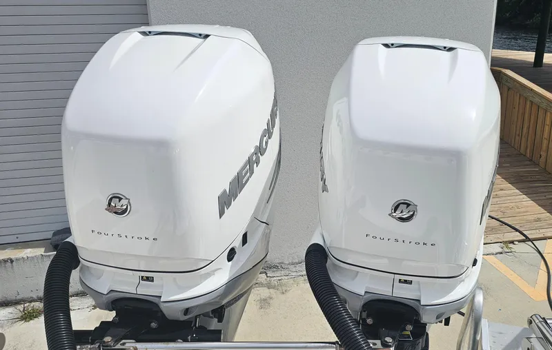  Yacht Photos Pics Twin Mercury outboard engines on a 2022 Tidewater 320 CC Adventure boat.