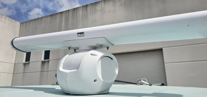  Yacht Photos Pics Radar system on 2022 Tidewater 320 CC Adventure boat, exterior view.