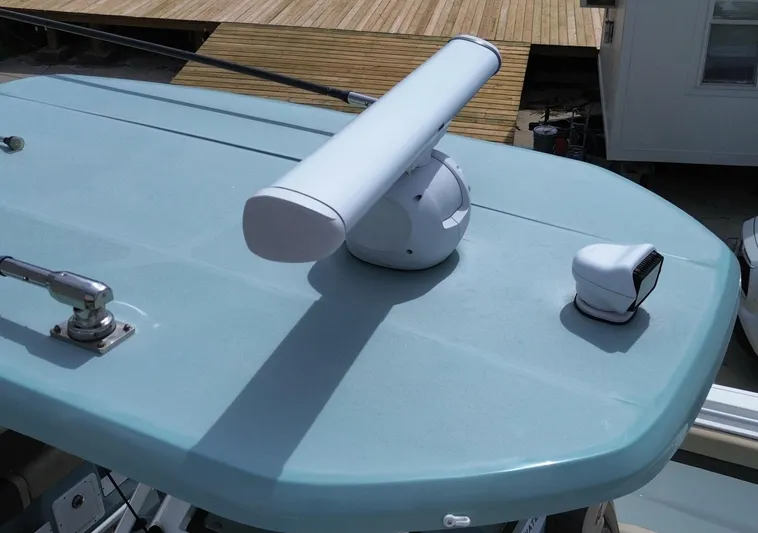  Yacht Photos Pics Tidewater 320 CC Adventure 2022 boat radar and equipment on deck.