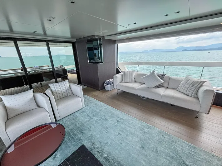  Yacht Photos Pics Luxurious Sanlorenzo SX88 yacht interior with ocean view, featuring modern seating and elegant decor, 2023 model.