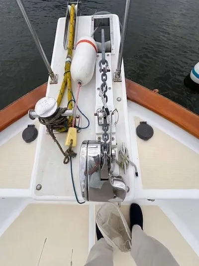Emily Anne Yacht Photos Pics 2001 Island Gypsy Euro Sedan Trawler bow with anchor and chain setup.