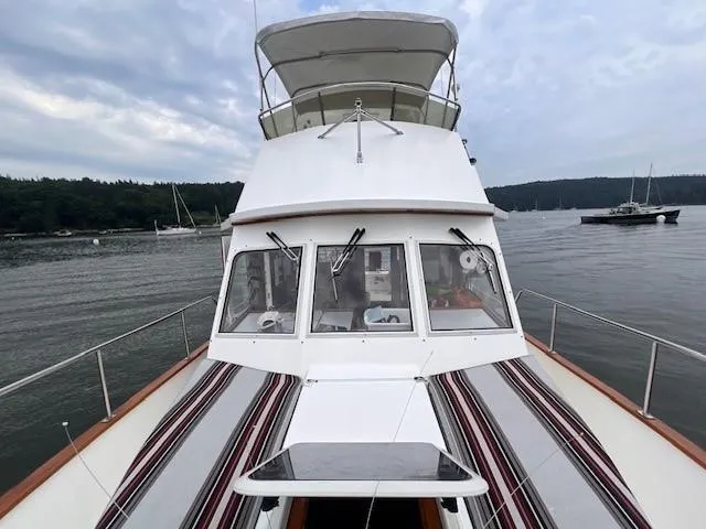 Emily Anne Yacht Photos Pics 2001 Island Gypsy Euro Sedan Trawler on calm water, front view.