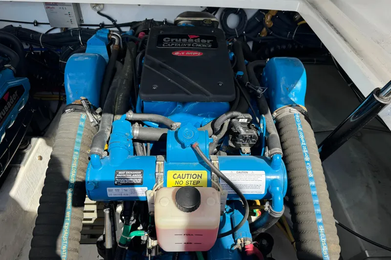  Yacht Photos Pics Engine compartment of a 2001 Tiara 31 Open boat, featuring a Crusader engine.