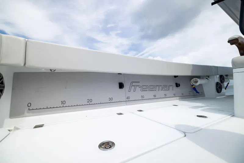  Yacht Photos Pics Freeman 42 LR 2025 boat deck with measurement scale and logo.