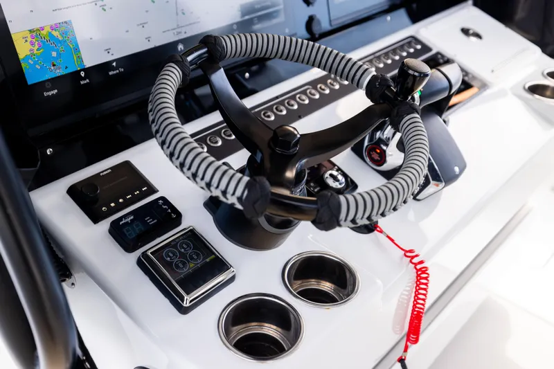  Yacht Photos Pics Helm of 2025 Freeman 42 LR boat with advanced navigation controls and displays.