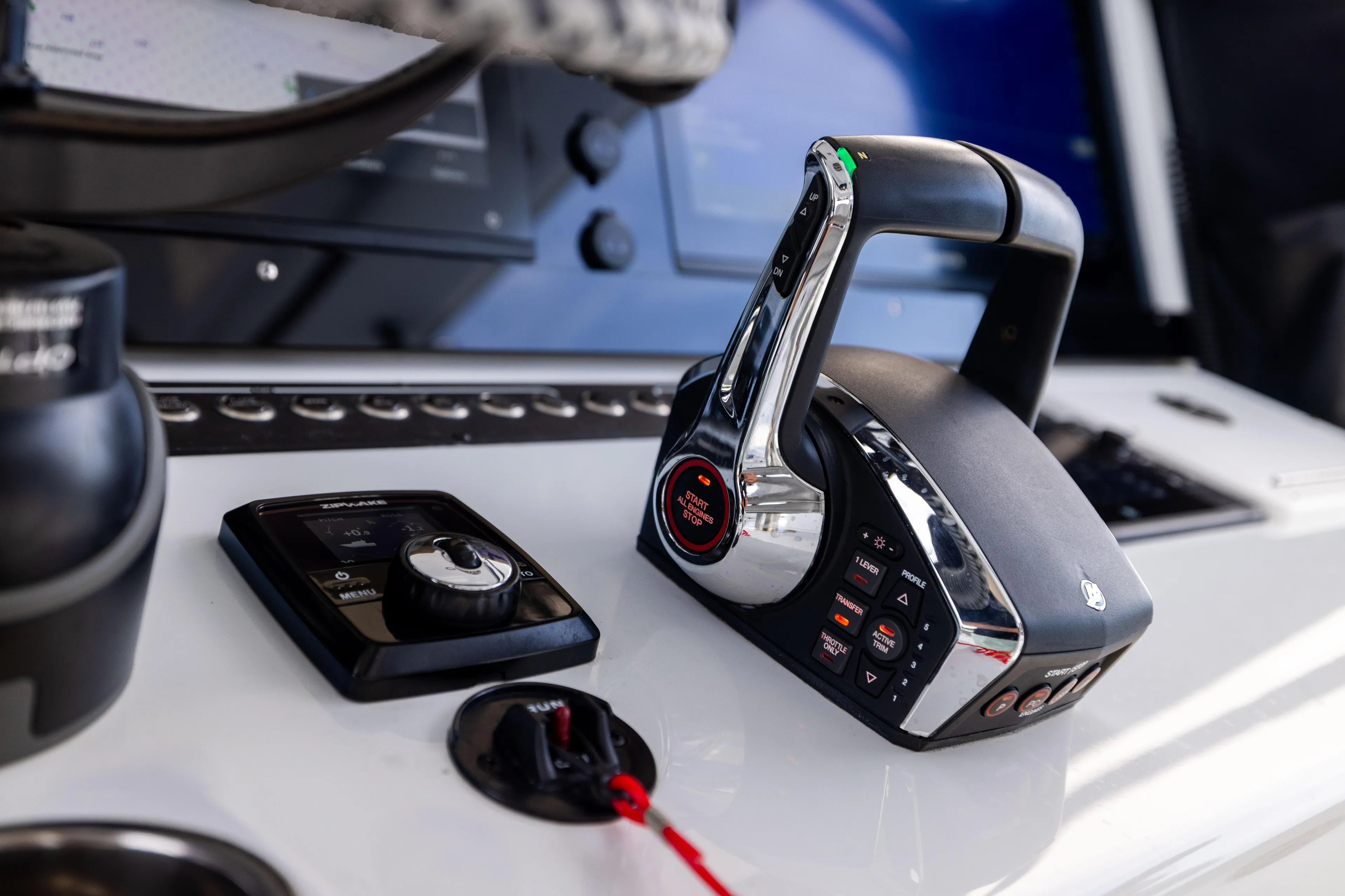  Yacht Photos Pics Control panel of 2025 Freeman 42 LR boat with advanced throttle system.