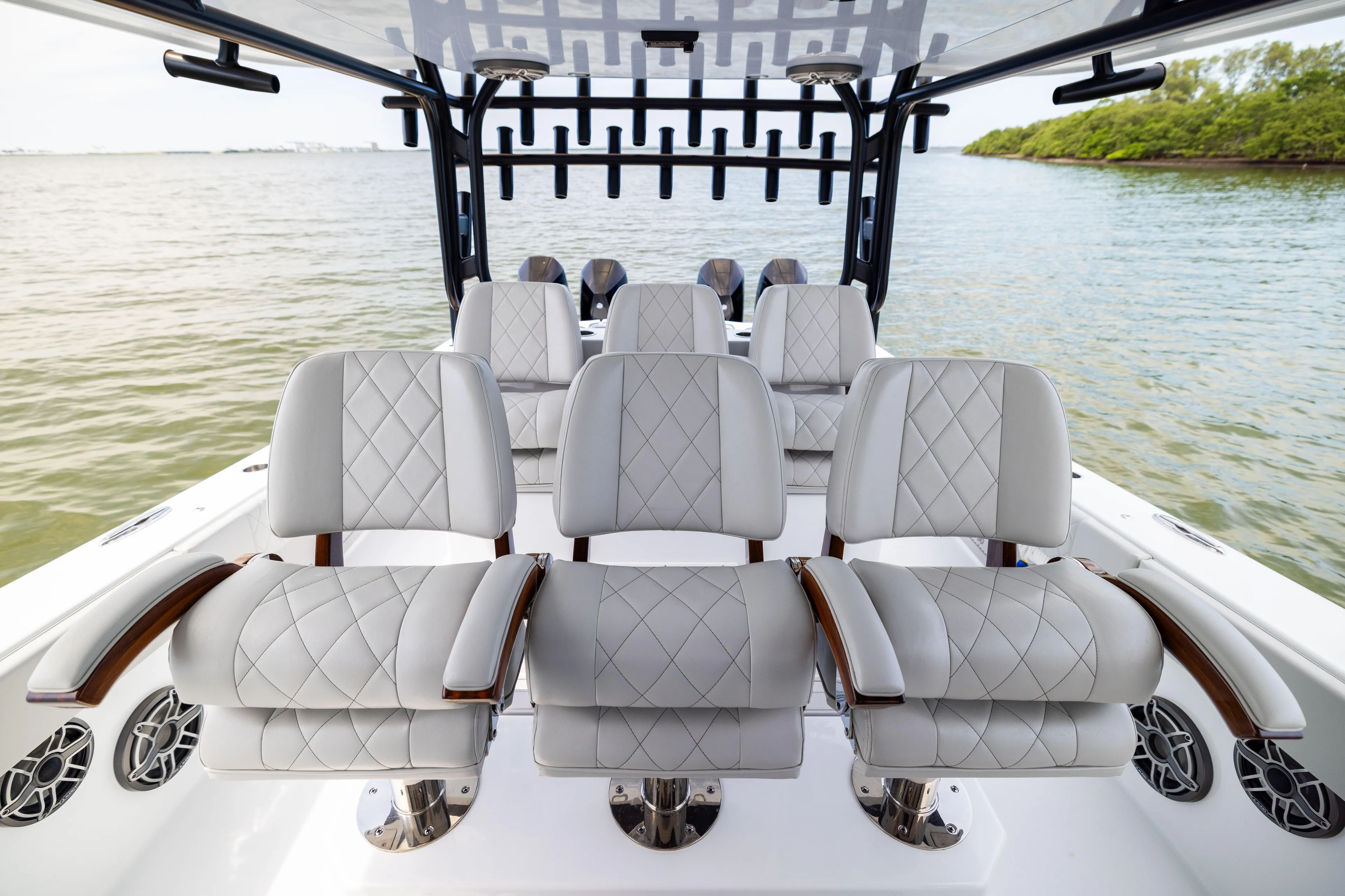  Yacht Photos Pics Luxurious seating on the 2025 Freeman 42 LR boat, featuring elegant design and waterfront view.
