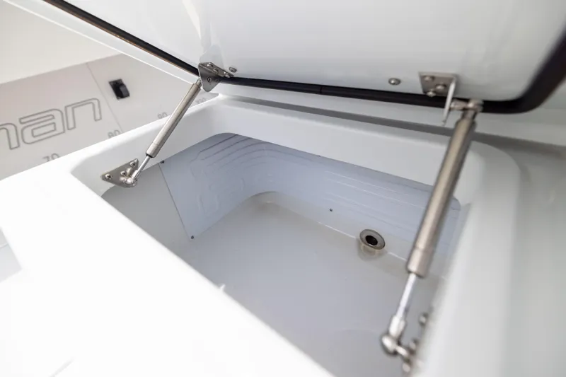 Yacht Photos Pics Open storage compartment on 2025 Freeman 42 LR boat, showcasing hydraulic hinges.