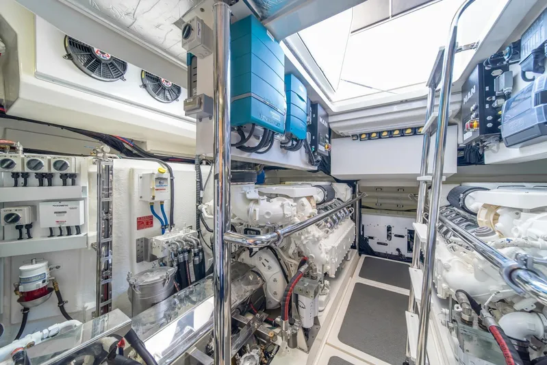  Yacht Photos Pics Engine room of 2021 Riviera 64 Sports Motor Yacht, showcasing advanced machinery and equipment.
