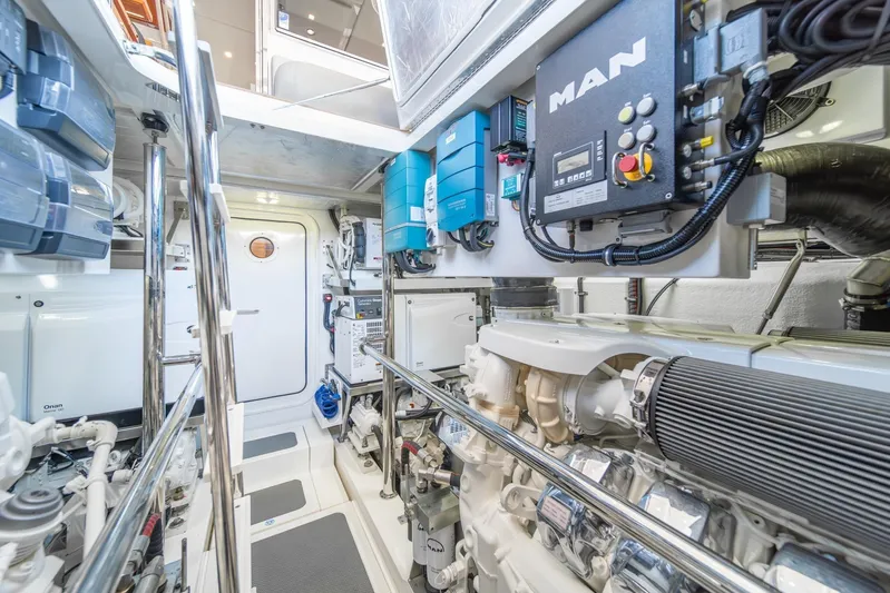  Yacht Photos Pics Engine room of 2021 Riviera 64 Sports Motor Yacht with advanced machinery and equipment.