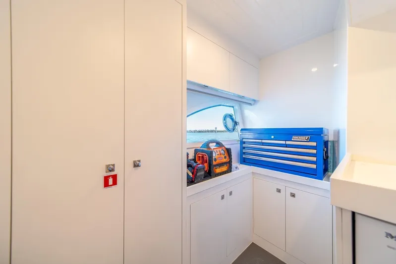  Yacht Photos Pics Workshop area on 2021 Riviera 64 Sports Motor Yacht with tool storage and equipment.