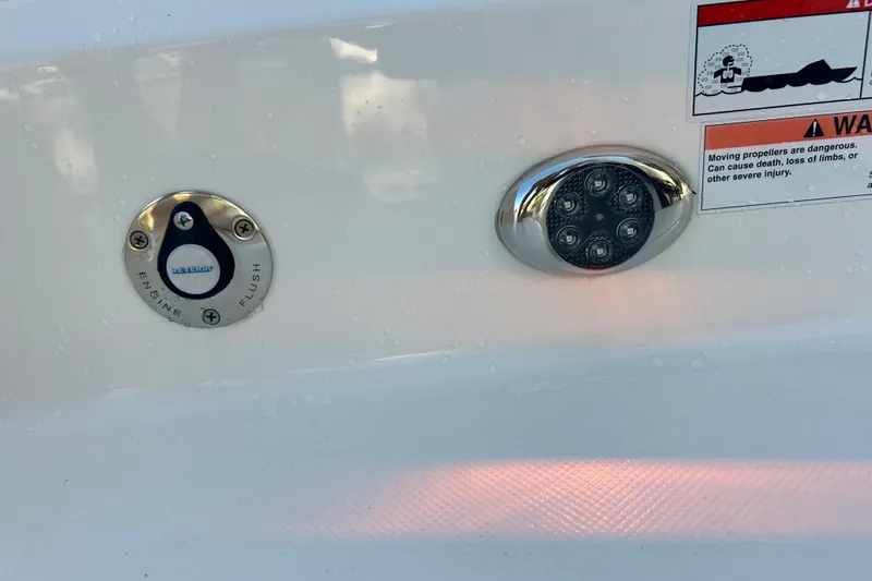  Yacht Photos Pics 2023 Tiara Yachts 38 LS engine flush and warning label detail.