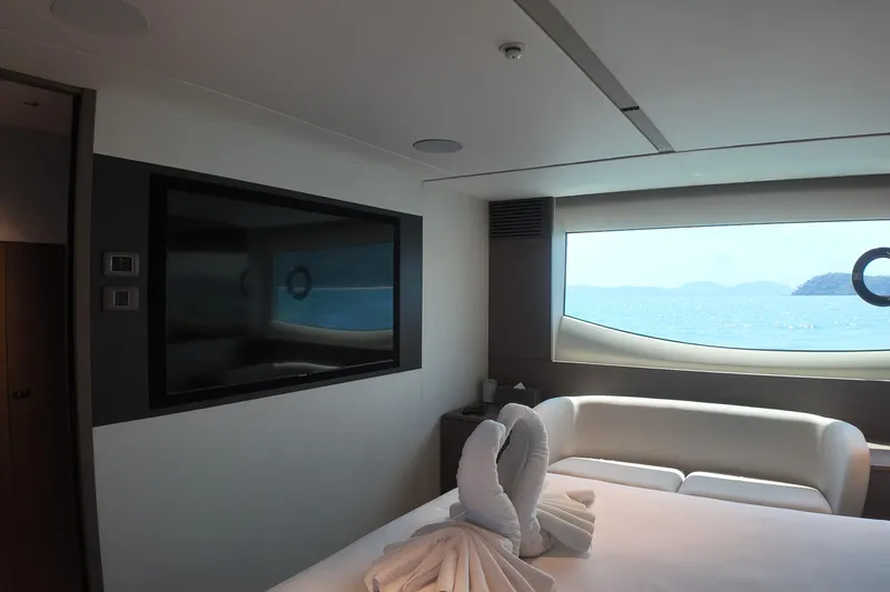La Mer Yacht Photos Pics Luxurious interior of 2023 Princess Y72 yacht with ocean view and elegant decor.