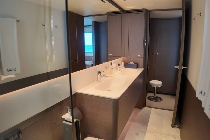 La Mer Yacht Photos Pics Luxurious bathroom interior on 2023 Princess Y72 yacht, featuring modern fixtures and elegant design.