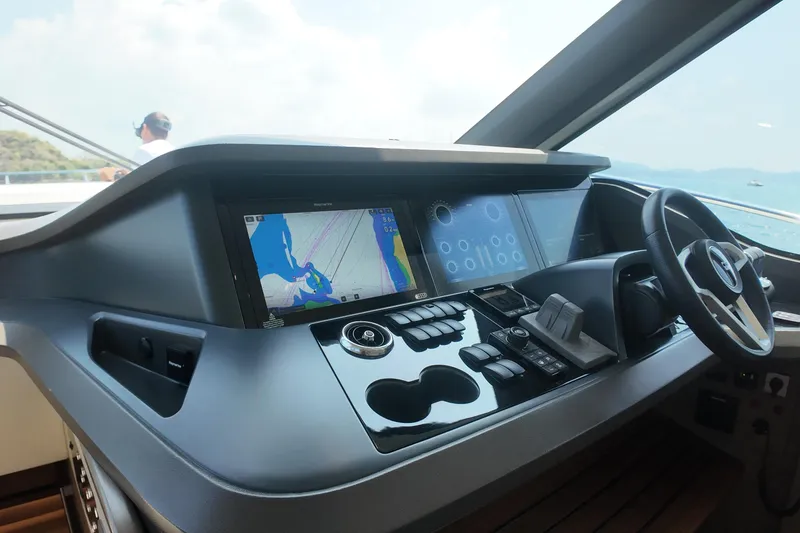 La Mer Yacht Photos Pics Helm of 2023 Princess Y72 yacht with navigation screens and controls.