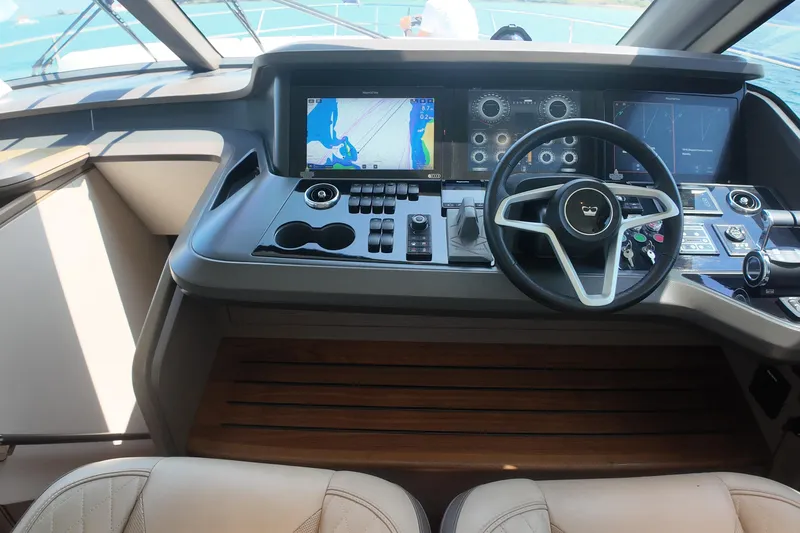 La Mer Yacht Photos Pics Cockpit of 2023 Princess Y72 yacht with advanced navigation controls and displays.