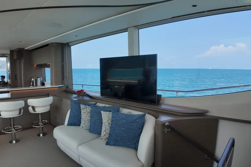 La Mer Yacht Photos Pics Luxurious interior of 2023 Princess Y72 yacht with ocean view and modern amenities.