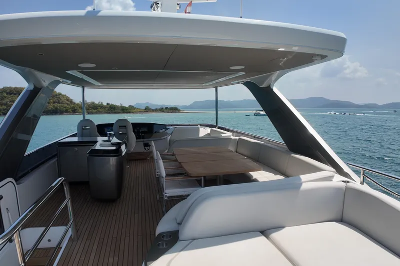 La Mer Yacht Photos Pics Luxurious 2023 Princess Y72 yacht deck with seating, ocean view, and modern amenities.