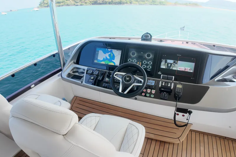 La Mer Yacht Photos Pics Luxurious 2023 Princess Y72 yacht helm with advanced navigation systems and elegant design.