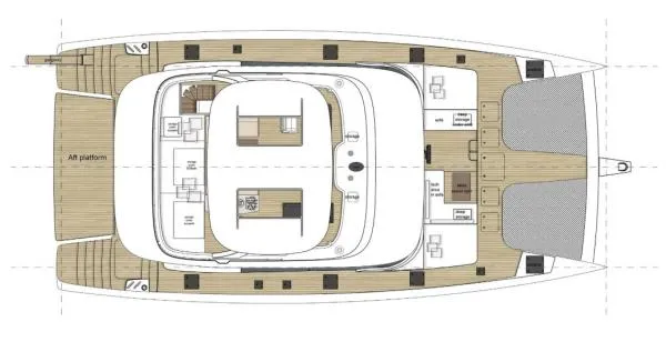Ocean Vibes Yacht Photos Pics Floor plan of a 2020 Sunreef 70 yacht, showcasing deck layout and interior design.