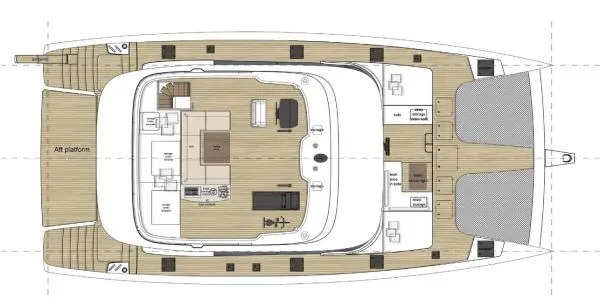 Ocean Vibes Yacht Photos Pics Floor plan of a 2020 Sunreef 70 yacht, showcasing deck layout and interior design.