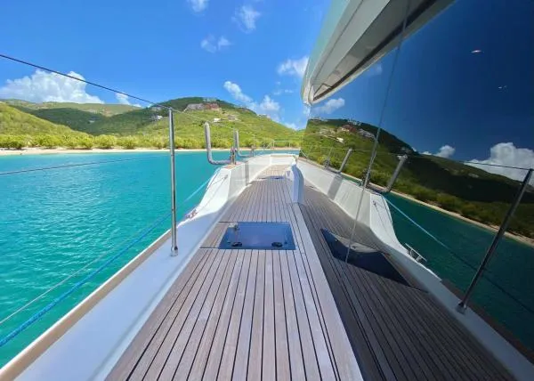 Ocean Vibes Yacht Photos Pics Luxurious Sunreef 70 yacht deck with stunning ocean and island views, 2020 model.