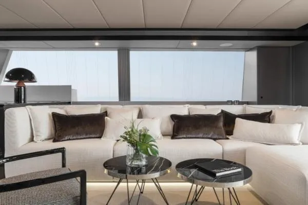 Ocean Vibes Yacht Photos Pics Luxurious Sunreef 70 yacht interior, featuring elegant seating and modern decor, 2020 model.