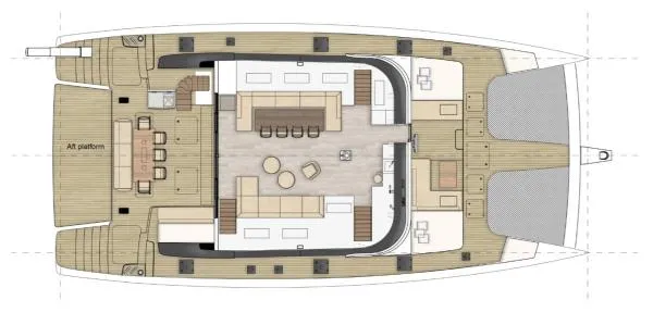 Ocean Vibes Yacht Photos Pics Floor plan of 2020 Sunreef 70 yacht, featuring spacious deck and seating areas.