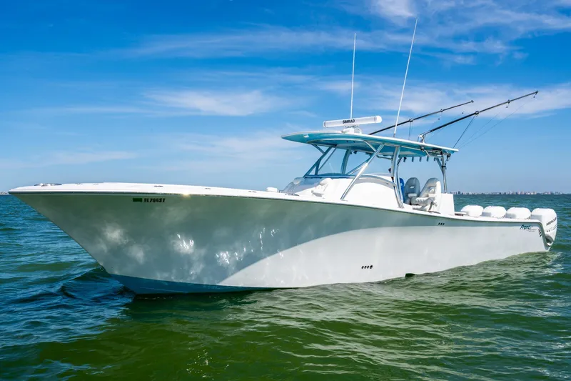  Yacht Photos Pics 2020 Front Runner 39 Center Console boat on calm water under blue sky.