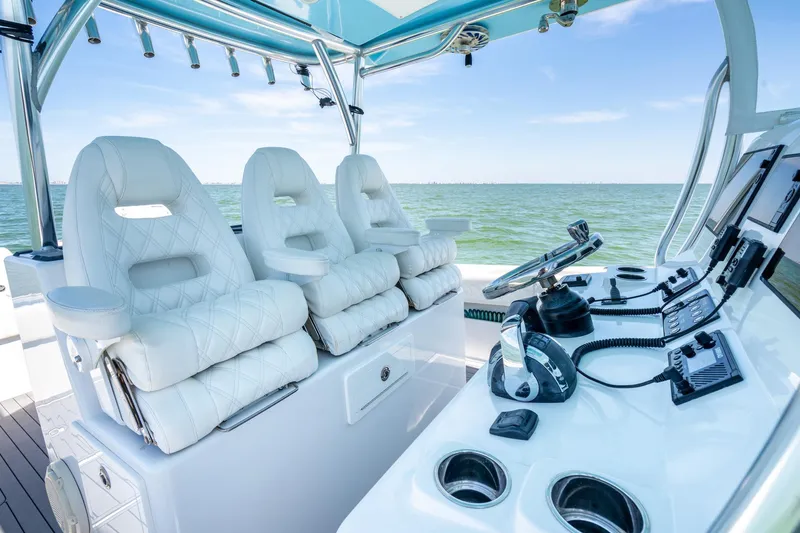  Yacht Photos Pics 2020 Front Runner 39 Center Console boat interior with luxurious seating and advanced controls.