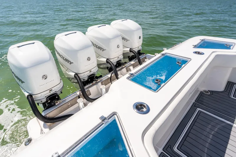 Yacht Photos Pics 2020 Front Runner 39 Center Console with four Mercury outboard engines on open water.