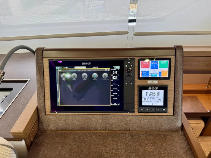 Promprang Yacht Photos Pics Control panel of a 2020 Lagoon 50 yacht with navigation displays.