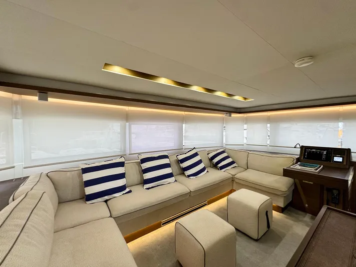 Promprang Yacht Photos Pics Luxurious interior of 2020 Lagoon 50 yacht with striped cushions and modern seating.