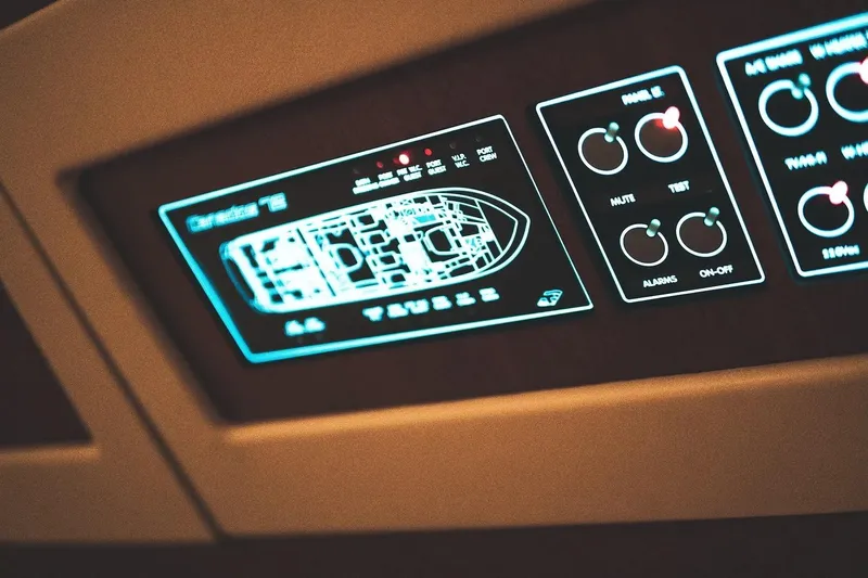  Yacht Photos Pics Control panel of a 2005 Canados 72 S yacht, featuring navigation and system displays.