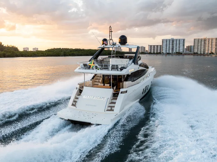 Greyt Escape Yacht Photos Pics Astondoa 72 GLX yacht cruising on water at sunset, 2013 model.