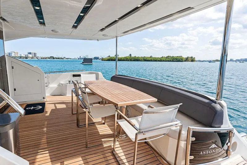 Greyt Escape Yacht Photos Pics Luxurious Astondoa 72 GLX yacht deck with seating, overlooking serene blue waters, 2013 model.