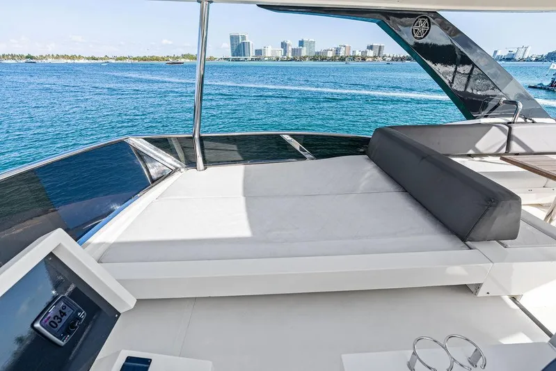 Greyt Escape Yacht Photos Pics Luxurious 2013 Astondoa 72 GLX yacht deck with ocean view and city skyline.