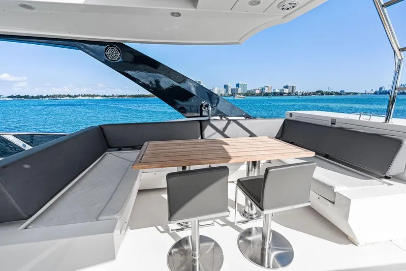 Greyt Escape Yacht Photos Pics Luxurious Astondoa 72 GLX yacht deck with seating, table, and ocean view, 2013 model.