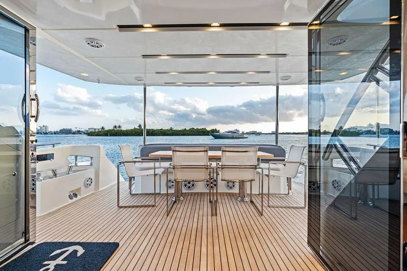 Greyt Escape Yacht Photos Pics Luxurious 2013 Astondoa 72 GLX yacht deck with elegant dining area and scenic ocean view.