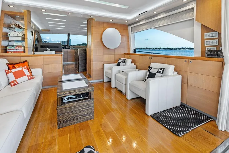 Greyt Escape Yacht Photos Pics Luxurious interior of 2013 Astondoa 72 GLX yacht with modern furnishings and scenic window view.