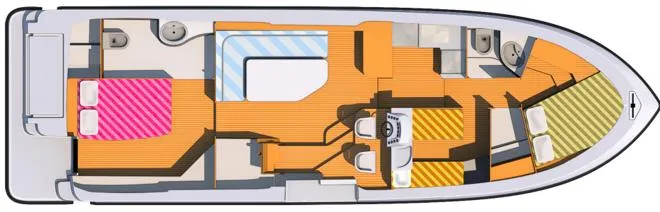 Houseboat Minuetto 6 Yacht Photos Pics Floor plan of 2009 Custom Minuetto 6 boat, showcasing interior layout and cabin arrangement.