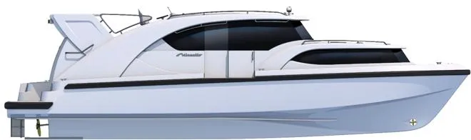Houseboat Minuetto 6 Yacht Photos Pics Custom Minuetto 6 boat, 2009 model, sleek white design, side view.