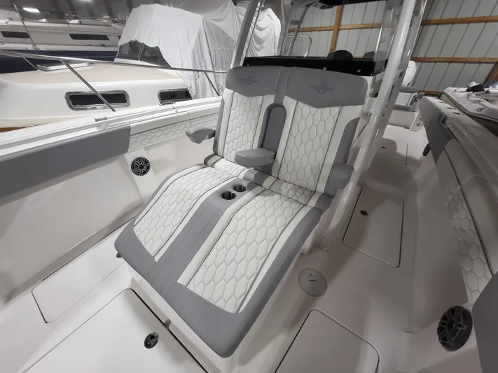  Yacht Photos Pics 2022 Fountain 38 SC boat interior with white and gray seating.