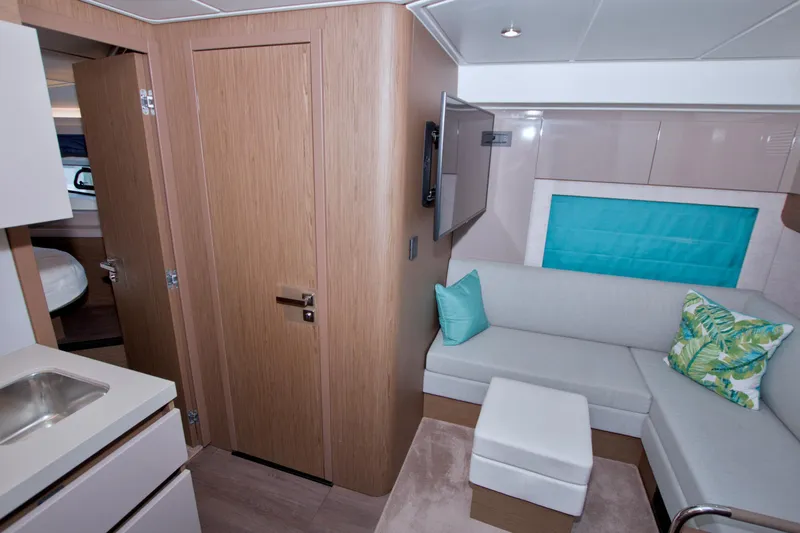 Gail Force Yacht Photos Pics Interior of 2019 Beneteau Gran Turismo 50 yacht with modern seating and decor.