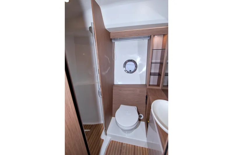 Gail Force Yacht Photos Pics Luxurious bathroom in 2019 Beneteau Gran Turismo 50 yacht with modern fixtures.