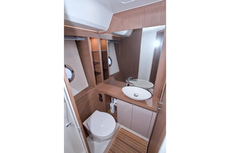 Gail Force Yacht Photos Pics 2019 Beneteau Gran Turismo 50 yacht bathroom with modern fixtures and wooden accents.