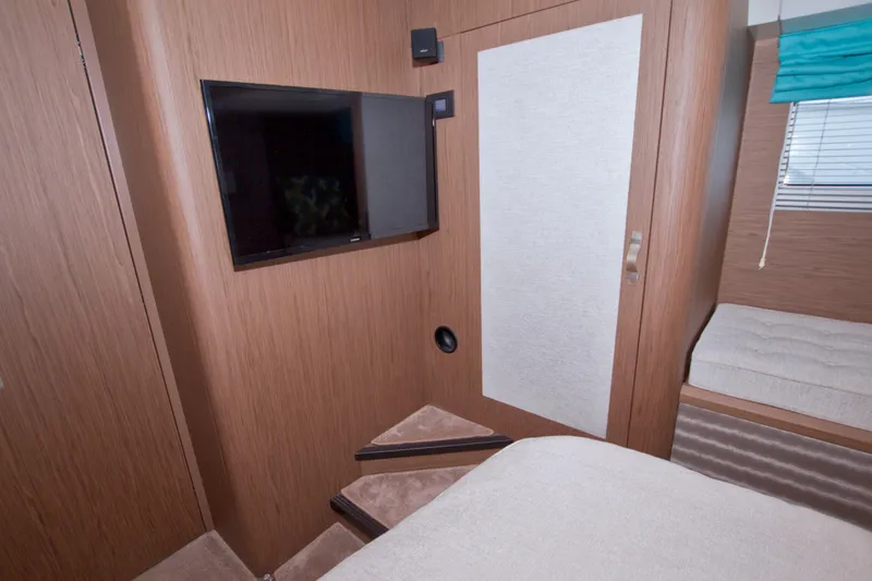 Gail Force Yacht Photos Pics Interior of 2019 Beneteau Gran Turismo 50 yacht with TV and modern furnishings.